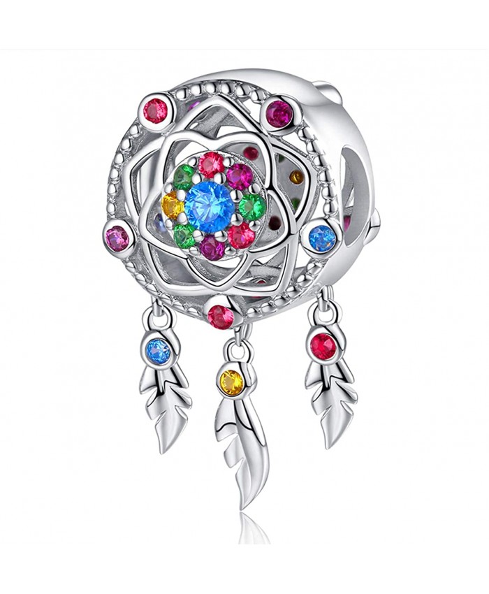Dream Catcher Charm fit Pandora Charms Bracelet 925 Sterling Silver Feathers Tassel Bead Charm with Colorful Stones Pendant for European Bracelets Necklace FQ0047 Dream Catcher Charm Colorful