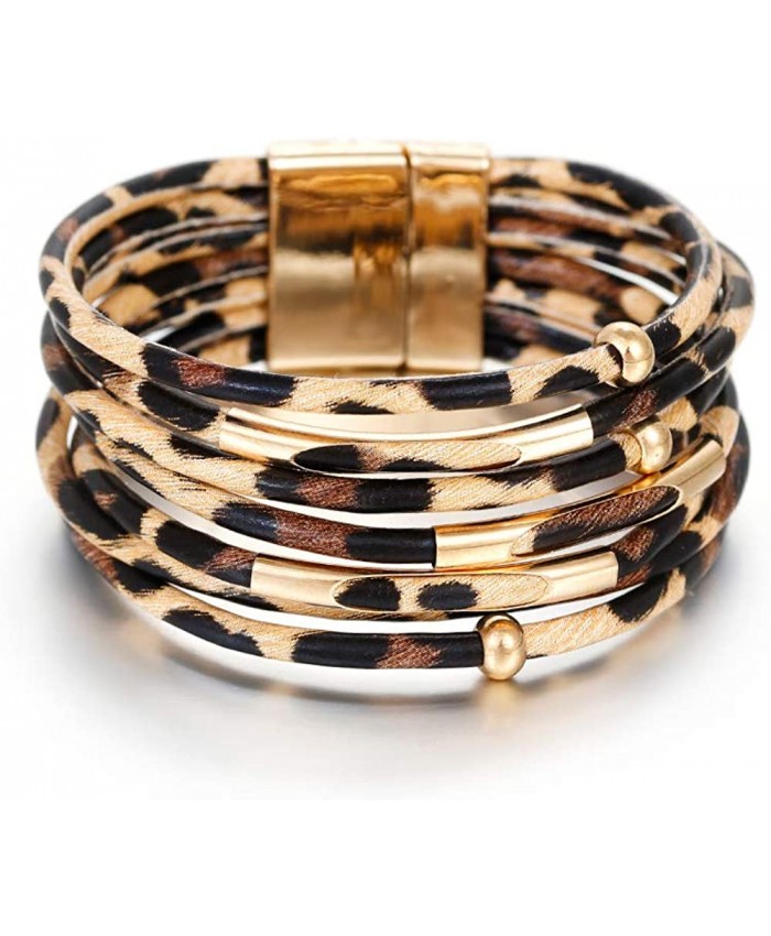Fesciory Leather Wrap Bracelet for Women Leopard Multi-Layer Magnetic Buckle Cuff Bracelet Jewelry