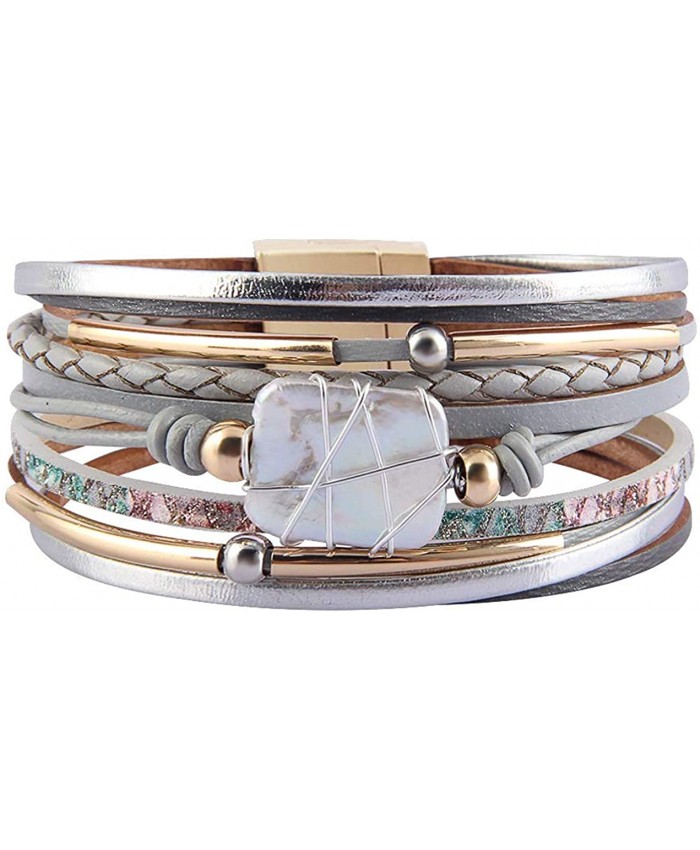 Fesciory Leopard Bracelet for Women Wrap Multi-Layer Leather Bracelet Magnetic Clasp Cuff Bangle JewelryGray LeatherPearl