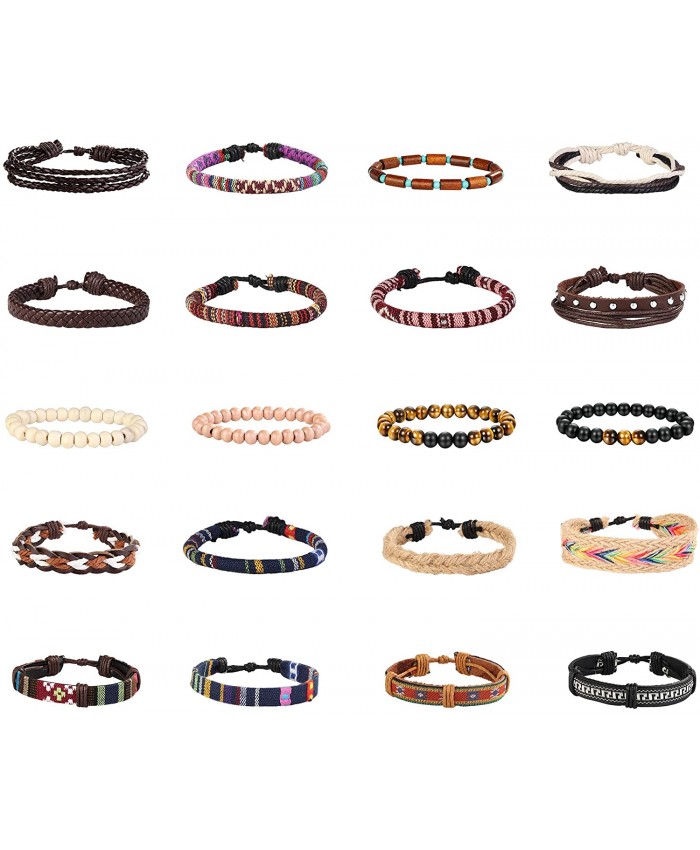 Finrezio 20 Pcs Braided Bracelet Set Women Men Beads Leather Wristbands Boho Ethnic Tribal Linen Hemp Cords Wrap Bracelets String Handmade Jewelry Style A20 Pcs