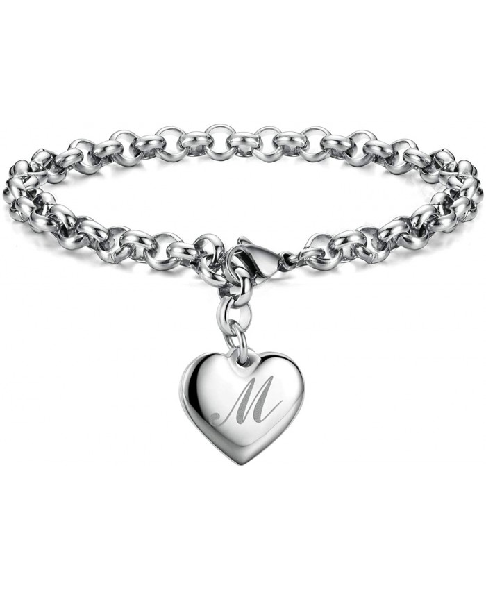 Initial Charm Bracelets Stainless Steel Heart 26 Letters Alphabet Bracelet for Women Valentine's Day Gifts