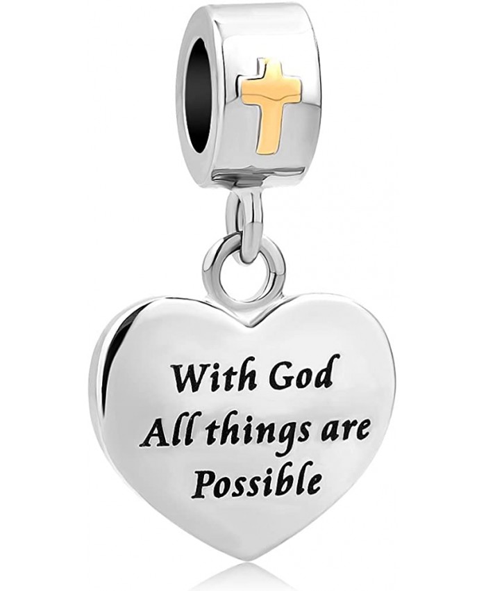 LovelyCharms Cross Charm with God All Things are Possible Religious Dangle Bead Fits European Bracelets Heart
