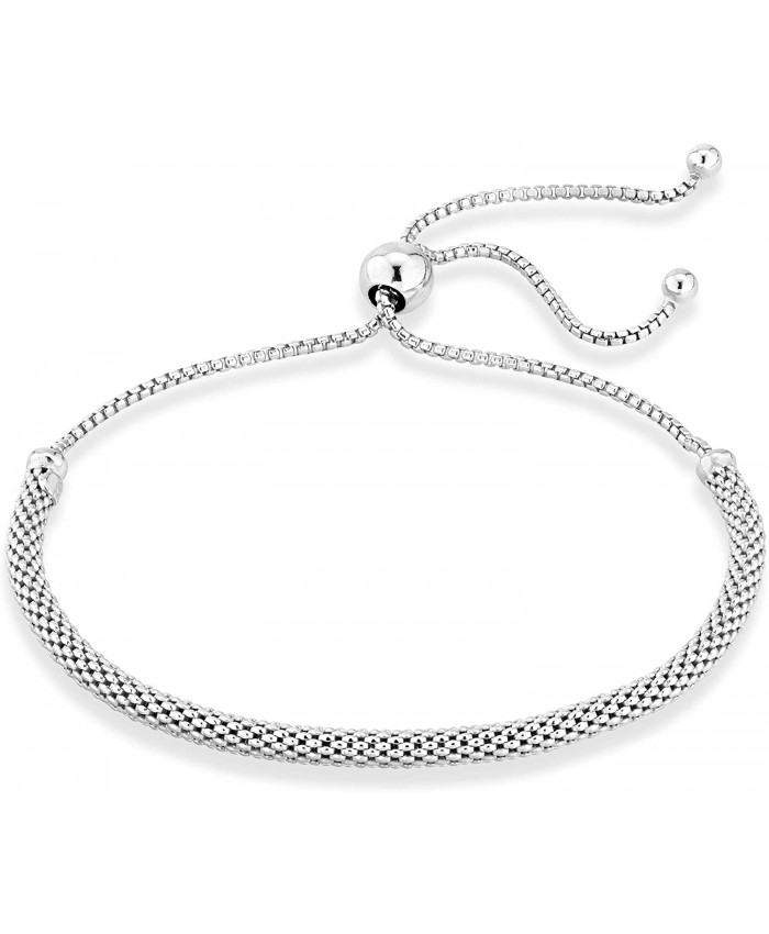 Miabella 925 Sterling Silver Italian Adjustable Bolo 3mm Round Mesh Chain Bracelet for Women Choice of White or Yellow Made in Italy sterling silver