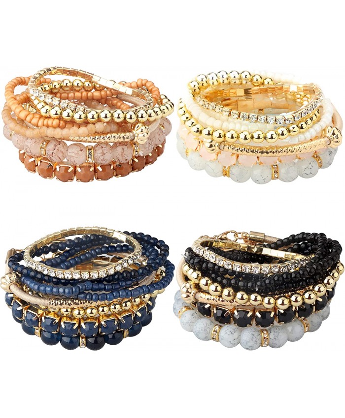 Milacolato 2-4 Sets Stackable Bracelets for Women Multilayer Beaded Bracelets Stretch Bangles Bohemian Style 4 set bracelets