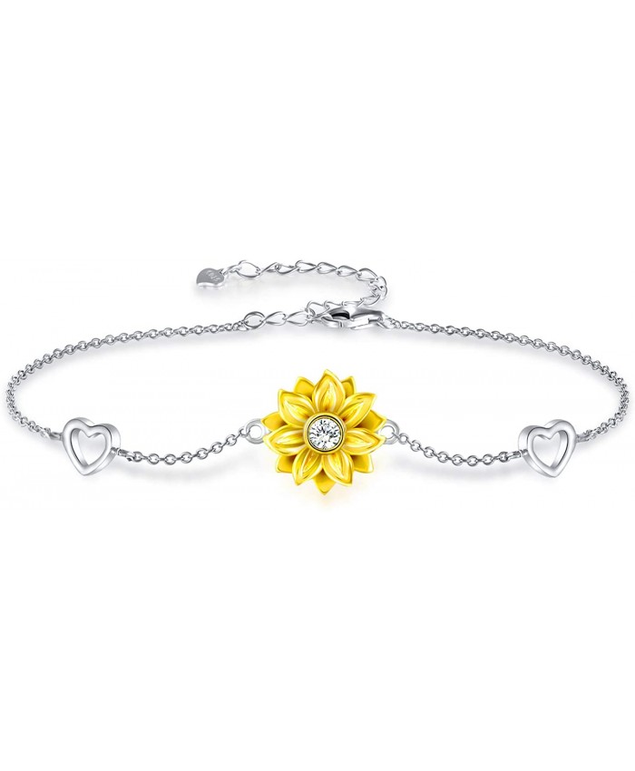 Mother's Day Gifts Bracelet for Women Sterling Silver Sunflower Heart Charm Bracelet Adjustable Birthday Jewelry Gifts for Mom Women Wife Her