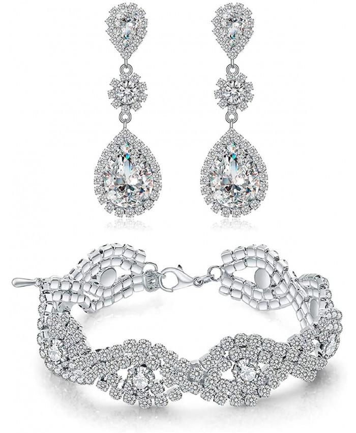 Paxuan Womens Silver-Tone Wedding Bridal Earrings Bracelet Jewelry Sets Rhinestone Crystal Bracelets Earrings Jewelry Sets Bracelet and Earrings Set
