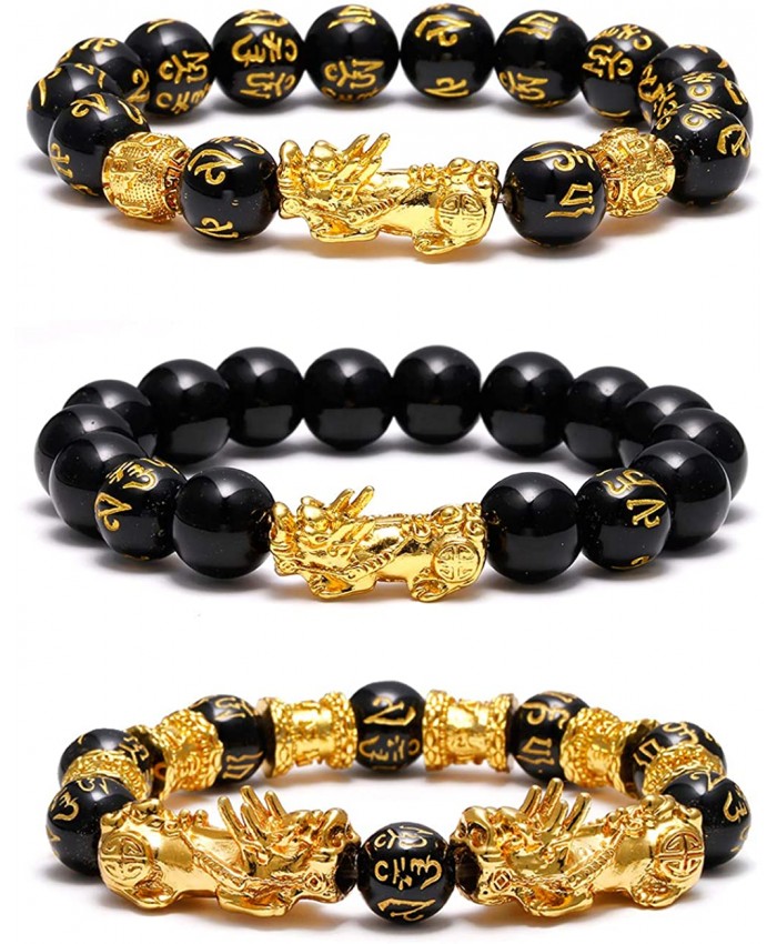 SOOWOOT 3Pcs Feng Shui Black Obsidian Bracelets Set - Good Luck Amulet Dragon Lucky Charm Bracelets Pi Xiu Pi Yao Attract Lucky Wealthy bracelets for women men
