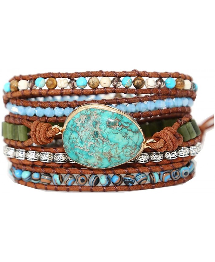Starto 5 Wrap Bracelet Handmade Natural Stone Jasper Druzy Leather Boho Bracelets Jewelry Green Opal