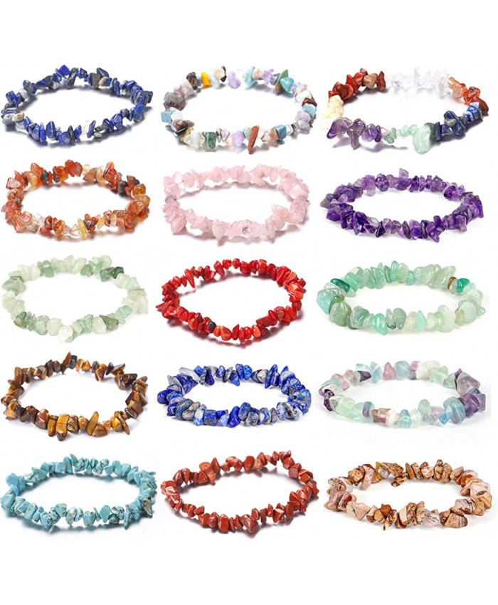 WAINIS 15 Pcs Natural Gemstone Chakra Crystal Bracelets for Women Healing Stretch Chips Reiki Bracelets Set Adjustable