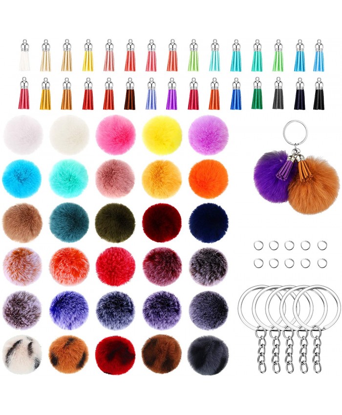 150 Pieces Pom Pom Keychain Fluffy Faux Fur Pompoms Keychain with Tassels and Keyrings for Bag Charm Accessories Leopard Print and Solid Color 7cm Pompom