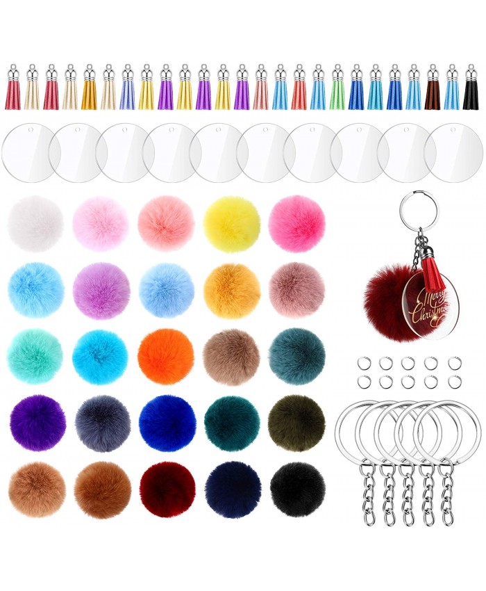 195 Pieces Pom Pom Keychain Fluffy Faux Fur Pompoms Keychain with Tassels and Keyrings Acrylic Discs for Bag Charm Accessories