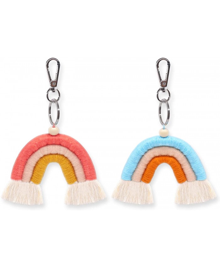 2 Pack Boho Rainbow Keychains Macrame Rainbow Bag Wallet Purse Charms Essential Oil Keyring Car Charm Diffuser Handmade Colorful Boho Ornaments