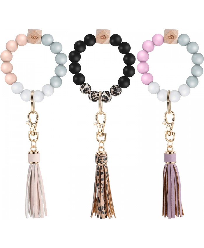 3 Pieces Key Ring Bracelets Silicone Beaded Key Ring Bracelet Wristlet Keychain with Faux Leather Tassel for Women Girls at  Women’s Clothing store