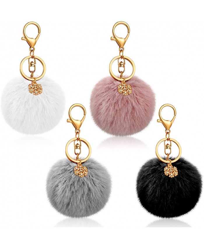 4 Pieces 3 Inch Pom Pom Keychains Faux Fur Pompom Ball Keyrings with Snowflake Black Gray White Pink