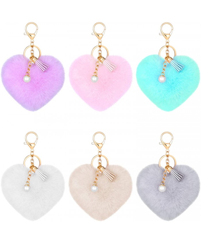 6 Pieces Colorful Tassel Pearl Pom Poms Keychains Heart Shaped Pompoms Keyring Faux Rabbit Fur Pompoms Keyring Fluffy Car Bag Charm for Girls Women