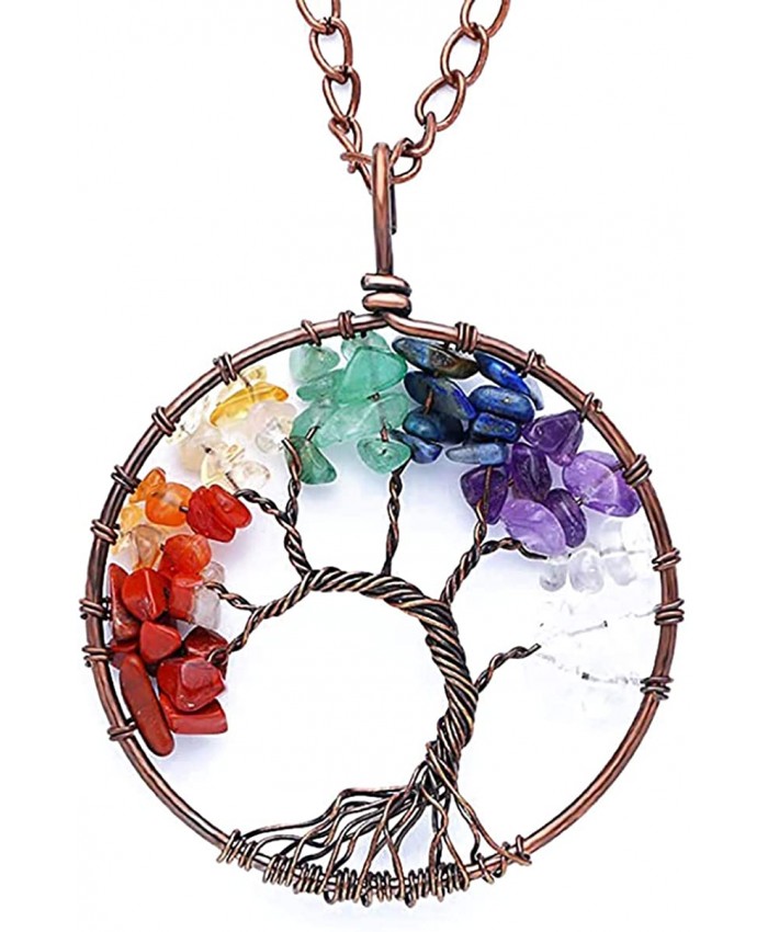 AFXOBO 7 Color Tree of Life Crystal Pendant Necklace Tumble Stone Exquisite Tree of Wisdom Ancient Copper Necklace at  Men’s Clothing store