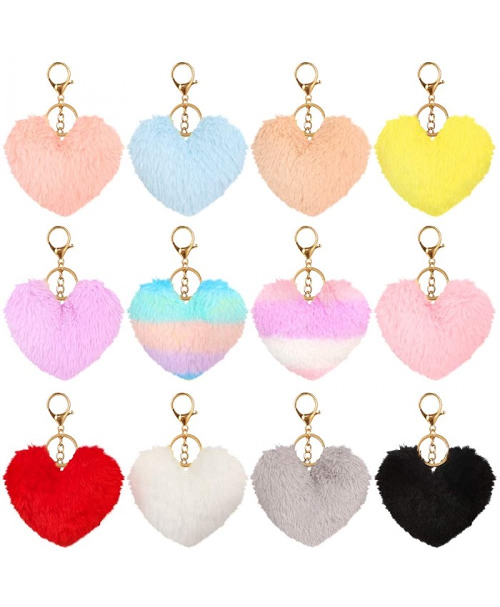 Auihiay 12 Pieces Pom Poms Keychains Fluffy Heart Shape Pompoms Keyring Faux Rabbit Fur Pompoms for Valentine Day Gift at  Women’s Clothing store