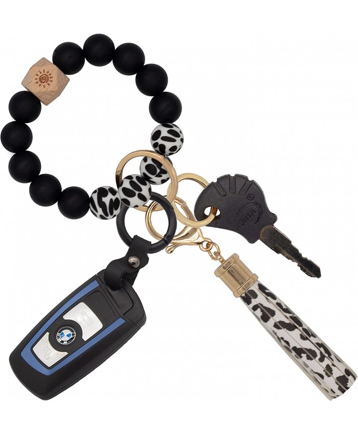 Buvelife Wristlet Keychain Bracelet Beaded Silicone Key Ring Bracelet with Leather Tassel Wrist Bangle Keychains for Women Girls' Gifts -Leopard Cheetah at  Women’s Clothing store