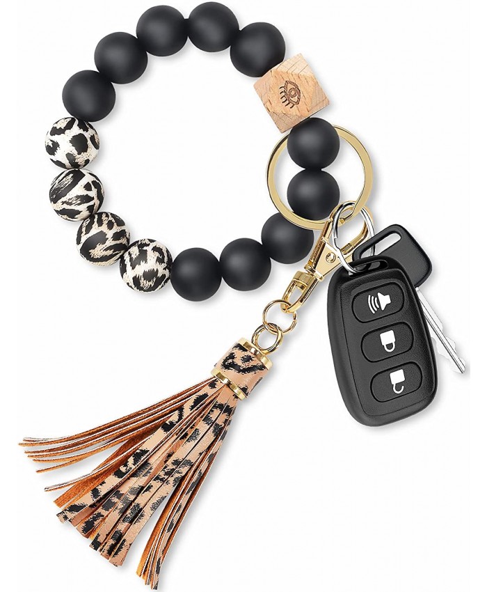 Doormoon Keychain Bracelet Elastic Silicone Beads Wristlet Keys Ring with Cards Holder & Tassel for Cars Key Keychains Leopard