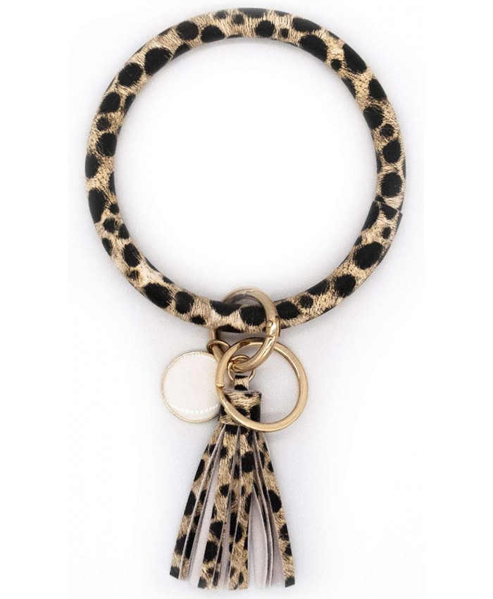 FOXY FOX - Round Wristlet Key Ring with Tassels Made from Leather | O Shaped Keyring Bracelet with Leather Tassels for Women's Handbags Purses Keys & Bangles - Leopard