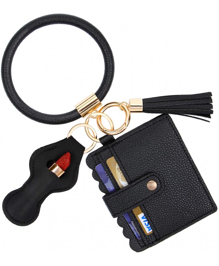 GDKEY Multifunctional Bangle Key Ring Card Holder Leather Tassel Round Chapstick Holder Keychain With Matching Wristlet Wallet For Women GirlsG01 Black at  Women’s Clothing store