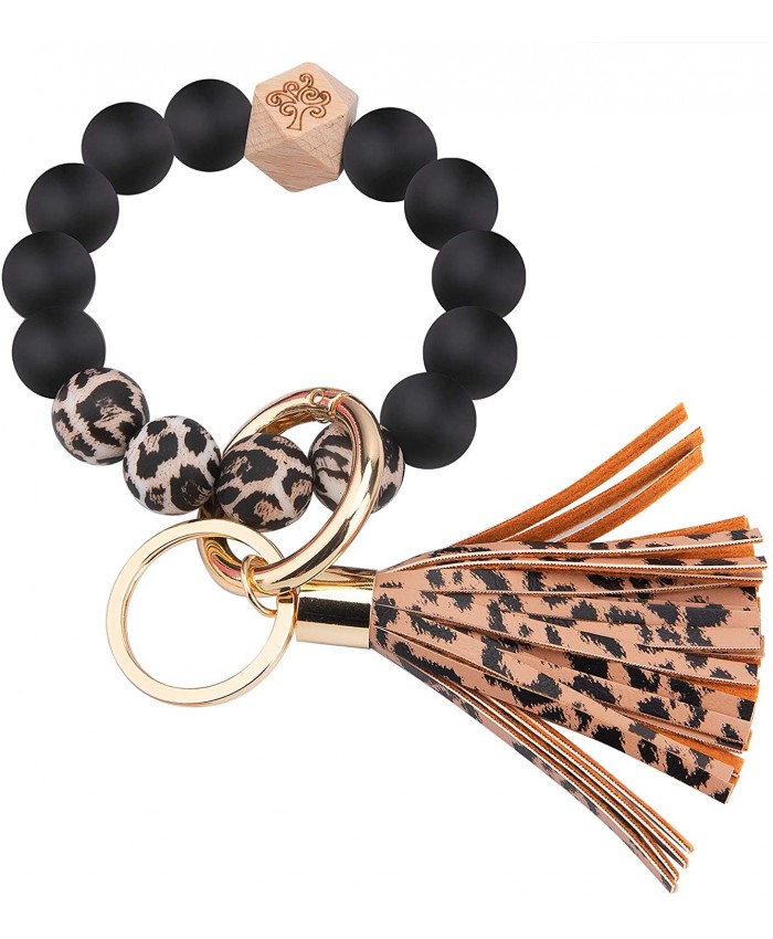JIANYI Keychain Bracelet Tassel Key Chain Silicone Wooden Beaded Wristlet Bangle Portable Car Key Ring Holder leopard large