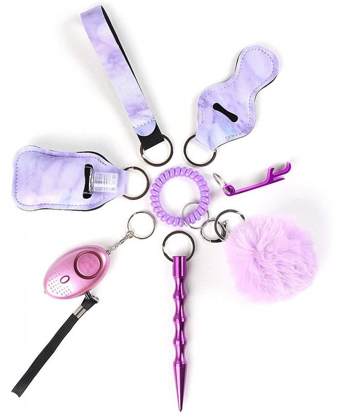 Keychain Set For women Personal Alarm Protection Key Chain Set Purple Window Breaker Tool Lipstick Holder Pom Pom Lanyard Coil Wirstlet at  Women’s Clothing store