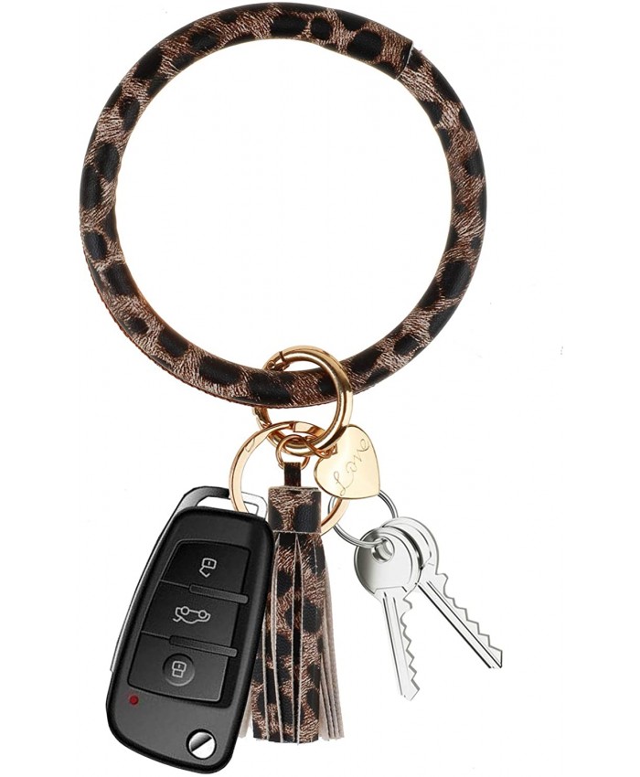 NISFAR Key Chain Key Ring Bracelets Wristlet Keychain Bangle Keyring ， Large Circle Leather Tassel Bracelet Holder For Women Gift Leopard at  Women’s Clothing store