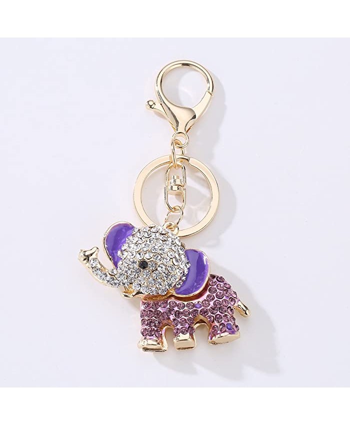 Reizteko Cute Big Ears Elephant Keychain Sparkling Keyring Crystal Purse Pendant Rhinestones Handbag Charm Purple