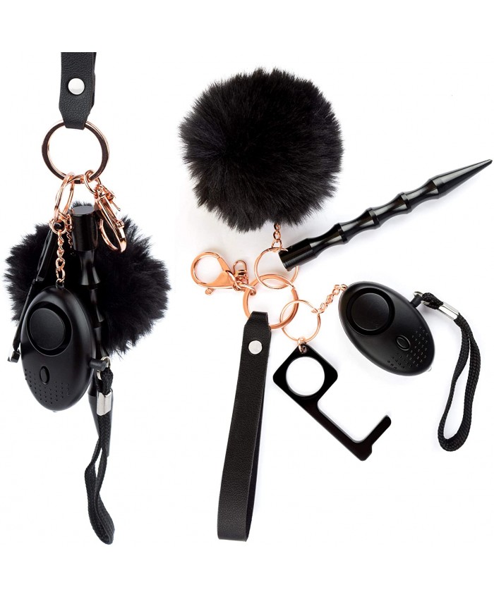 Self Defense Keychain for Women Girls - Portable Protection Key Chain Tools - Women Safety Keychain with Alarm Window Breaker No Touch Door Opener Wristlet Pompom - Personal Defense Black & Rose Gold at  Men’s Clothing store