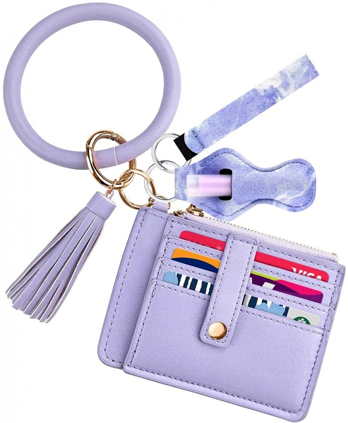 Tassel PU Leather Wristlet Bangle Wallet with a pair Chapstick HolderPurple