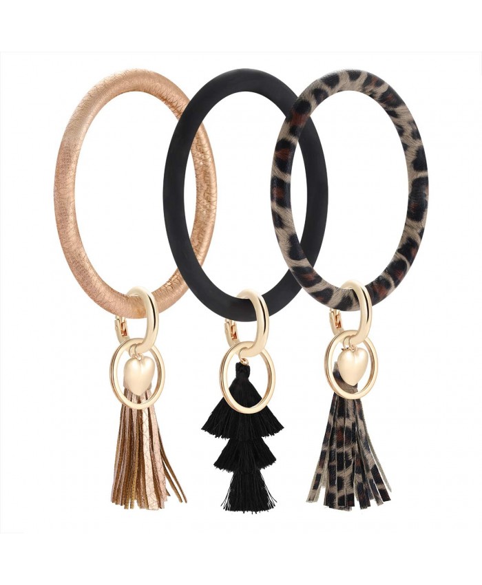 Wristlet Bangle Key Ring Bracelet for Women Leather Keyring Bracelet Key Chains with Tassel Wristlet BanglesLeopard Black Rose gold style at  Women’s Clothing store