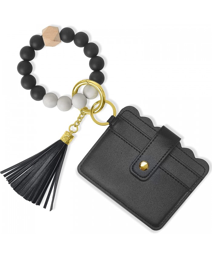 Wristlet Keychain Bracelet Wallet YUOROS Silicone Bead Key Ring Chain Bangle with Card Pocket for Women Black