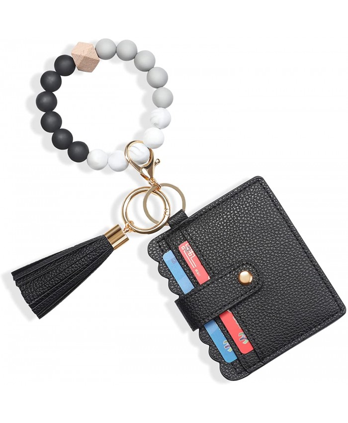 Wristlet Keychain Bracelet With Car Wallet Silicone Bead Leather Tassel Key Ring With Card Holder KeychainK1002 Black at  Women’s Clothing store