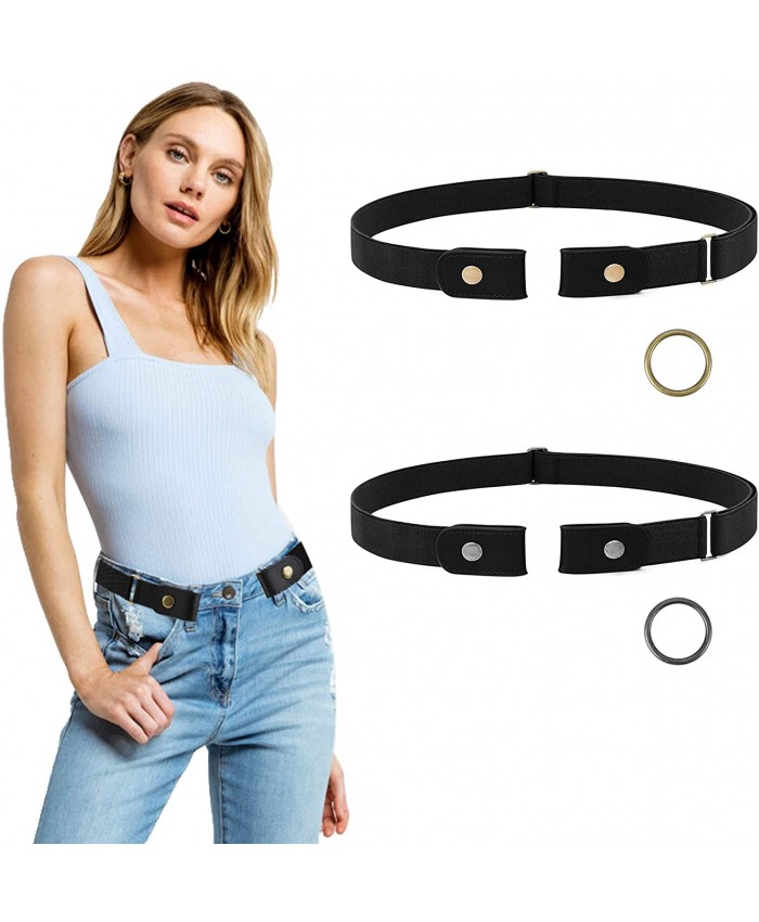 2 Pieces No Buckle Elastic Stretch Belts For Men and Women Buckle Free Adjustable Invisible Elastic Belt Unisex for Jeans Pants and Dress with Metal Buckle Fits Waist 19-52in at  Women’s Clothing store