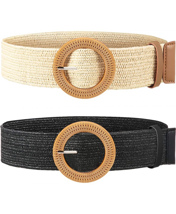 2 Pieces Women Straw Woven Elastic Stretch Waist Belt Skinny Dress Braided Waist Belt with Wooden Style Buckle Black and White at  Women’s Clothing store