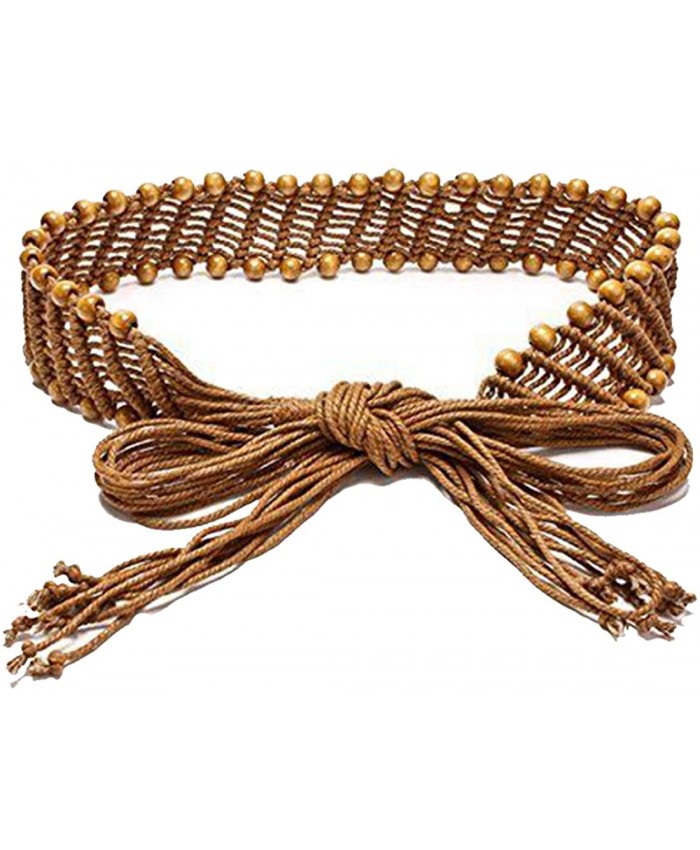 Bohemia Womens' Woven Belt Wax Rope with Wooden Beads Skirt Dress Decorative Tassel Belts at Women’s Clothing store