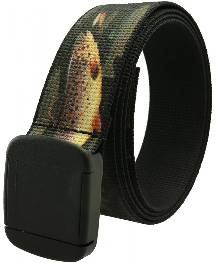 Fish Pattern Metal Free Hiker Web Belts Made in USA by Thomas Bates Brown Trout at Men’s Clothing store Apparel Belts