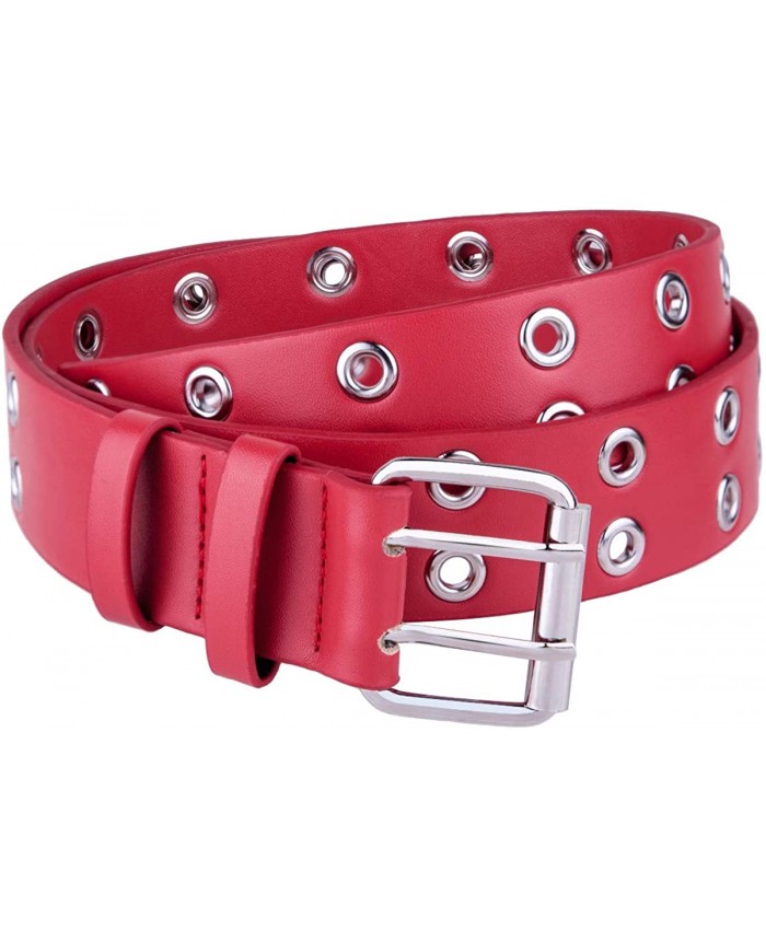 moonsix Leather belt for Man for Women Hole Belt Double Grommet Twin Prong 1.5 inch width Red at  Women’s Clothing store