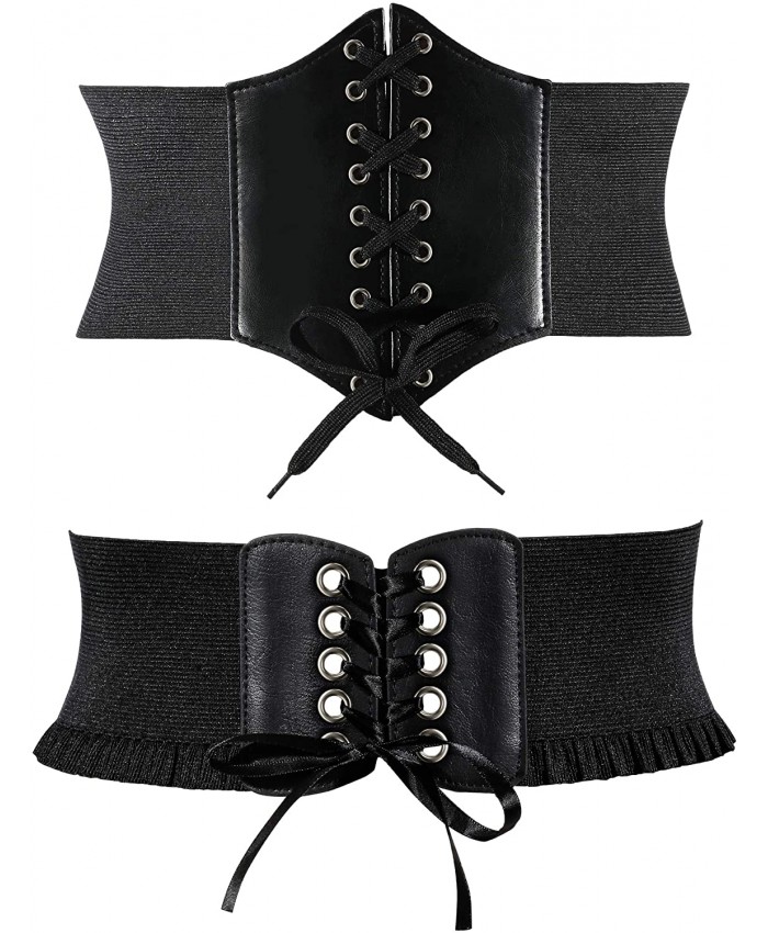 SATINIOR 2 Pieces Women's Wide Lace-up Waist Belts Elastic Tied Waspie Corset Waist Belts Black Large at  Women’s Clothing store