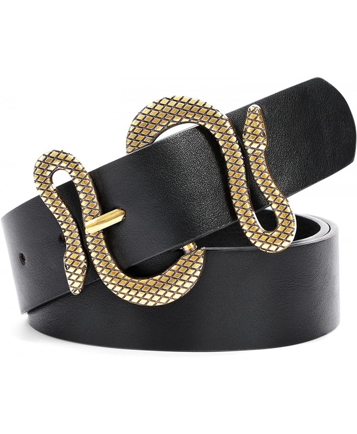 Triworks Belt For Women Fashion Leather Belt Gold Black Snake Buckle Belt for Jeans Pants Dresses Shorts at  Women’s Clothing store