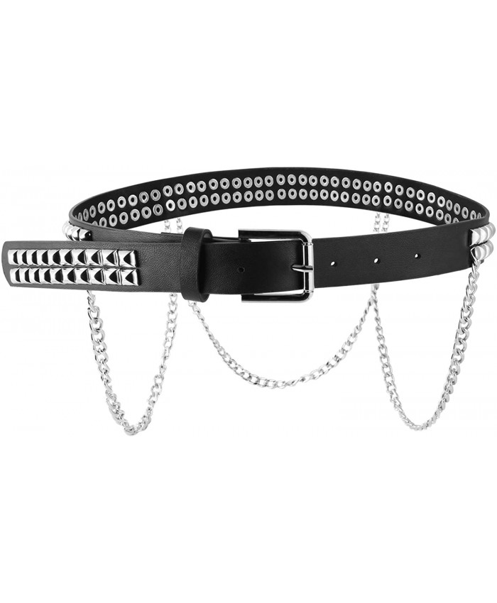 Women Faux Leather Square Metal Spike Studded Fashion Belt Waist with Punk Metal Chain Black at  Women’s Clothing store