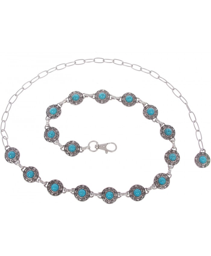Women's Skinny Western Turquoise Stone Blue Concho Chain Belt one size 27- 41 at Women’s Clothing store