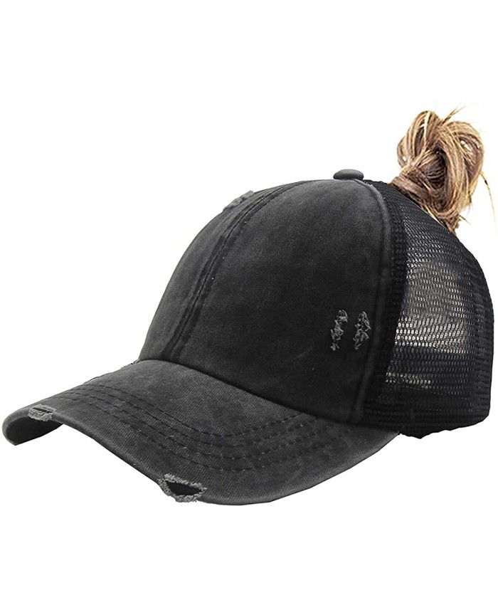 Criss Cross Baseball Caps Women Ponytail Mesh Hat Distressed High Messy Bun Trucker Ponycap Black