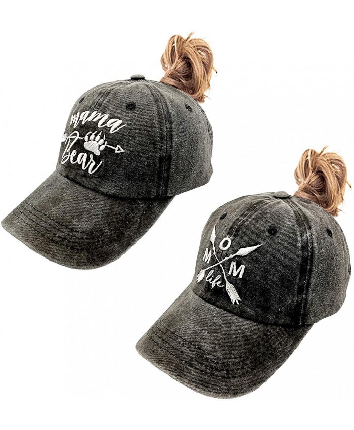 LOKIDVE 2 Pack Mama Bear Ponytail Hat Embroidered Mom Life Messy High Bun Distressed Baseball Cap at  Women’s Clothing store
