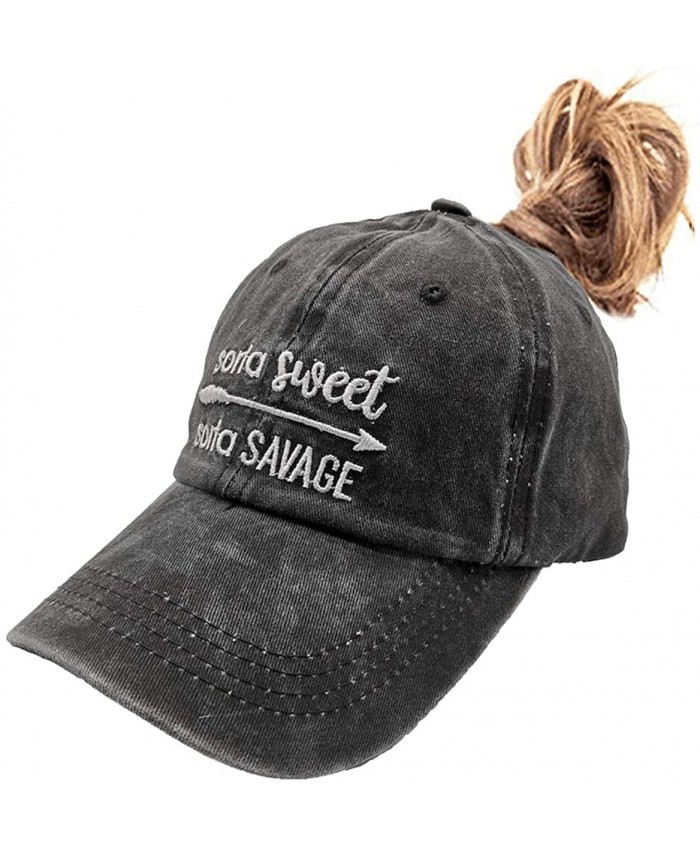 Waldeal Women's Embroidered Sorta Sweet Sorta Savage Ponytail Hat Messy High Bun Ponycap Black at  Women’s Clothing store