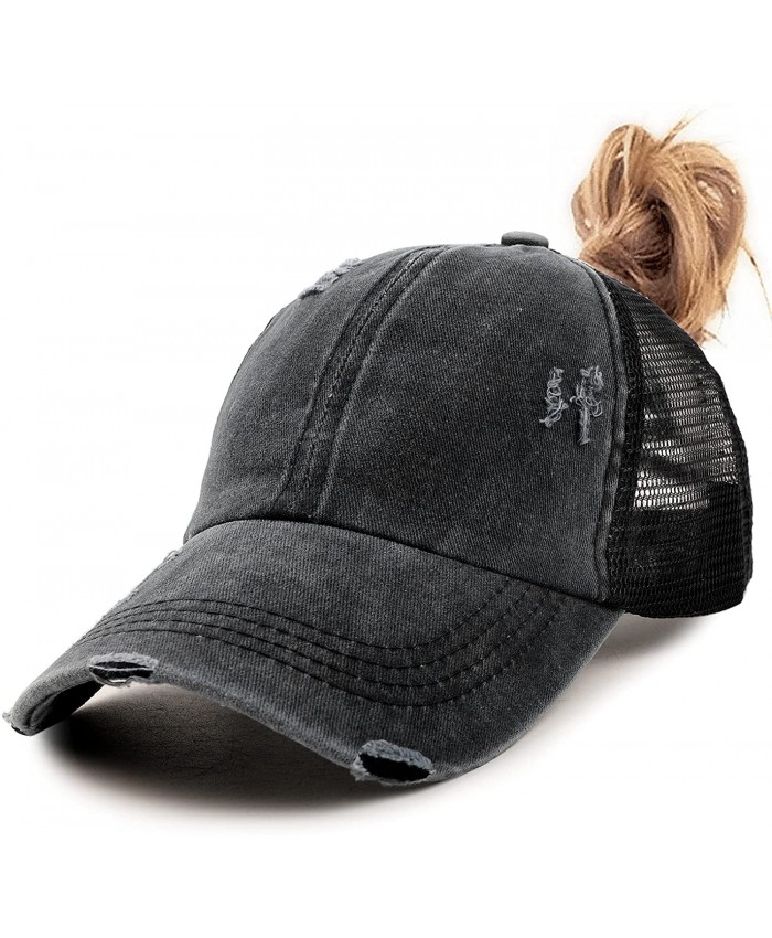 Womens Criss Cross Ponycap Distressed Messy High Bun Ponytail Baseball Cap Vintage Unconstructed Dad Hat Black at  Women’s Clothing store