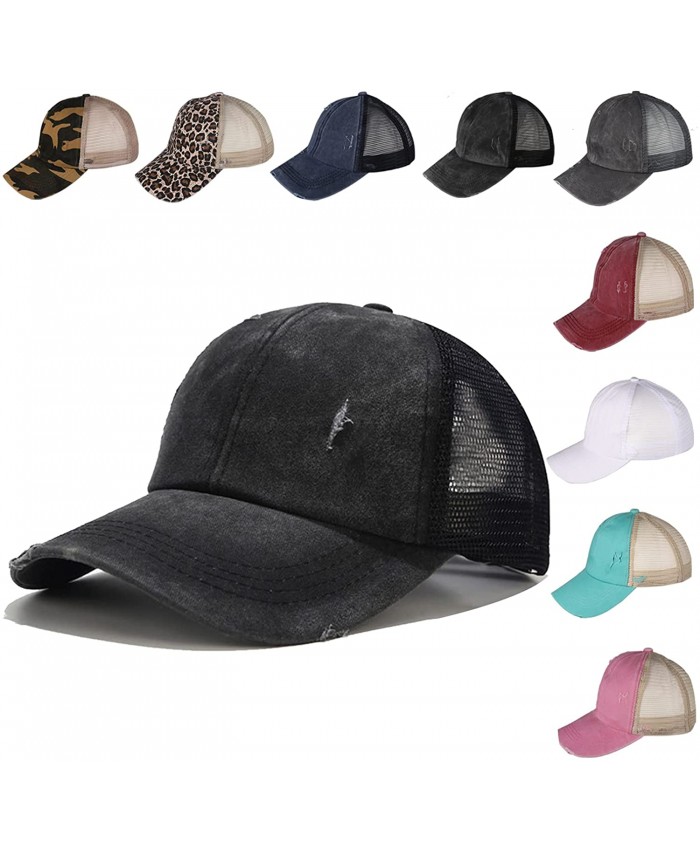 ZERDOCEAN Unisex Baseball Cap Distressed Ponytail Messy Bun Baseball Hats Adjustable Washed Dad Hat Trucker Sun Hat Black at  Women’s Clothing store