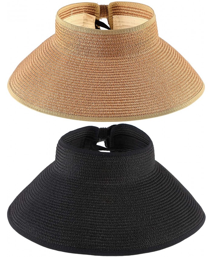 2 Pieces Sun Visor Hats Wide Brim Roll-up Straw Hats Summer Protection Beach Hat Khaki Black at  Women’s Clothing store