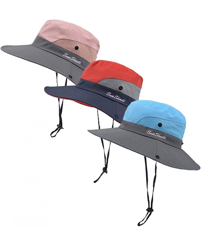 3 Pieces Women's Outdoor Ponytail Safari Sun Hat Foldable Mesh Wide Brim Beach Fishing Hat red & Pink & Sky Blue at  Women’s Clothing store